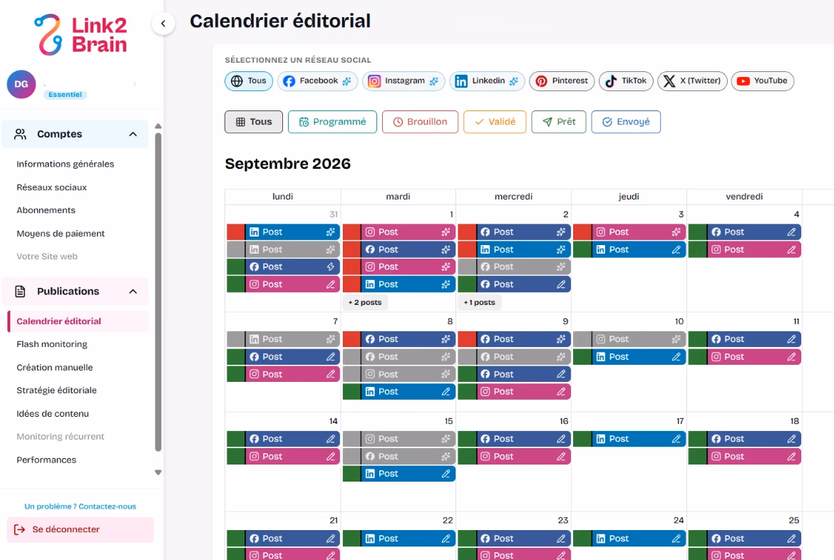 Calendrier éditorial Link2Brain de septembre 2026, rempli de posts LinkedIn, Facebook et Instagram