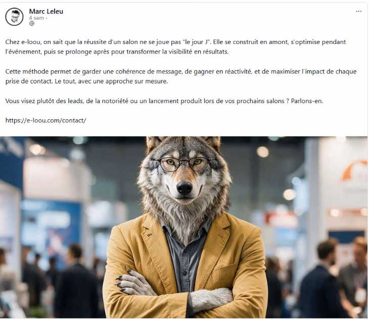 Post LinkedIn de l'agence e-loou sur la préparation des salons, illustré par un loup en veste et lunettes généré par l'IA
