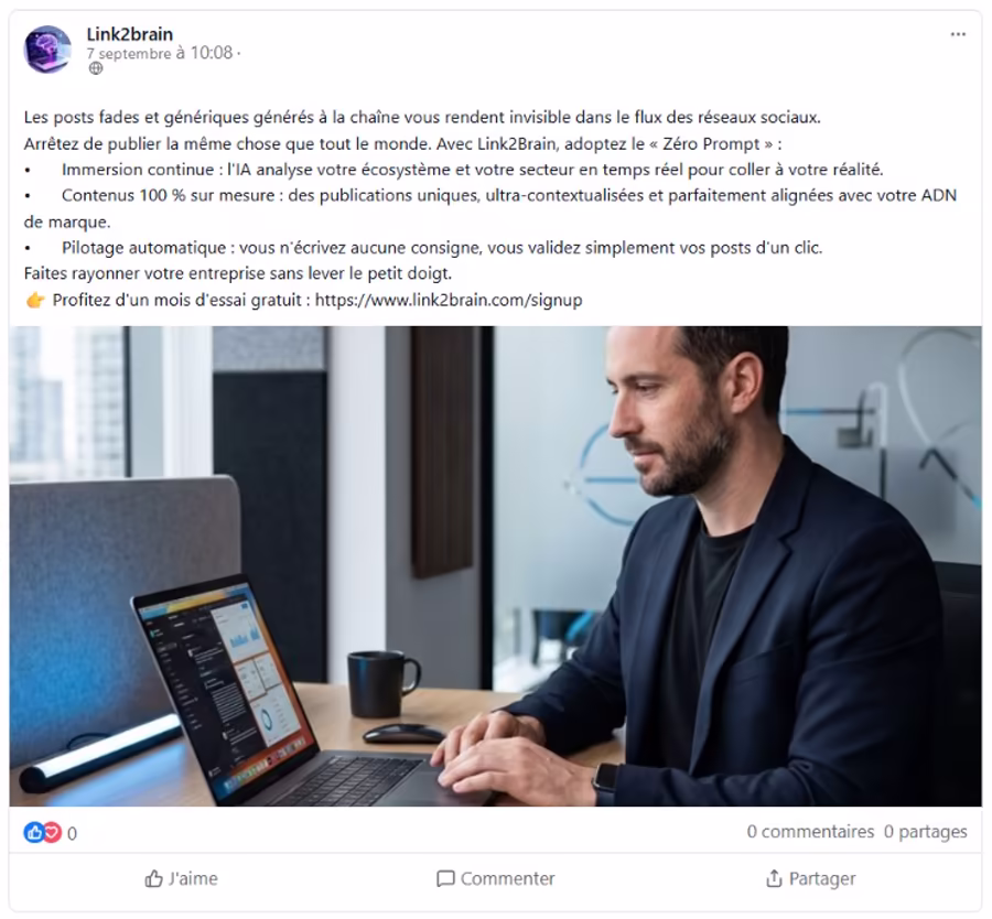 Post Facebook généré par Link2Brain : texte, liste à puces et photo IA