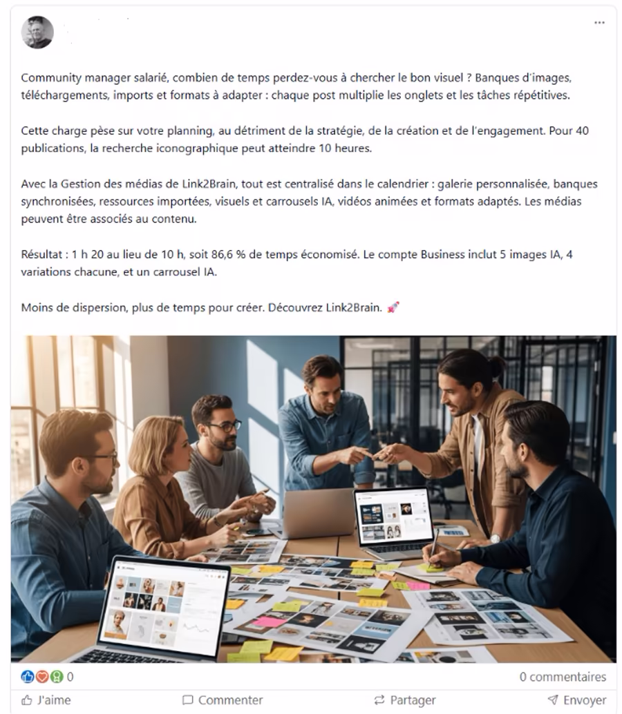 Post LinkedIn généré par Link2Brain : texte, chiffres et photo IA