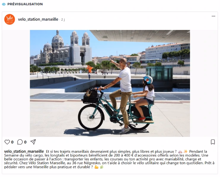 Prévisualisation d’un post Instagram généré par Link2Brain pour Vélo Station Marseille, sur la Semaine du vélo cargo