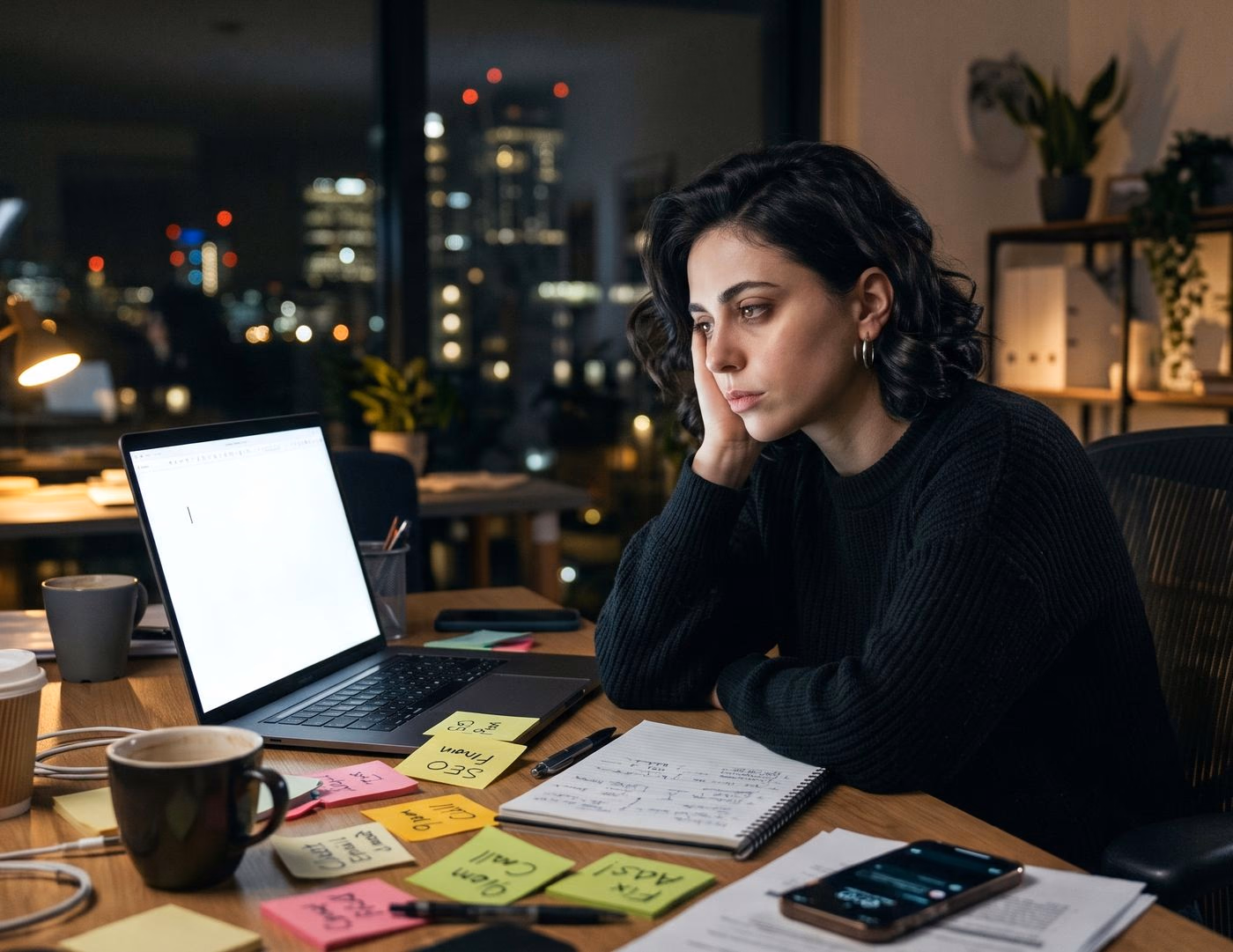 Community manager épuisée devant son ordinateur portable, tard le soir, entourée de post-it